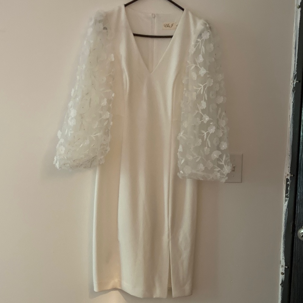 Eliza J Cream Dress with Floral Sheer Sleeves Brand New w/t